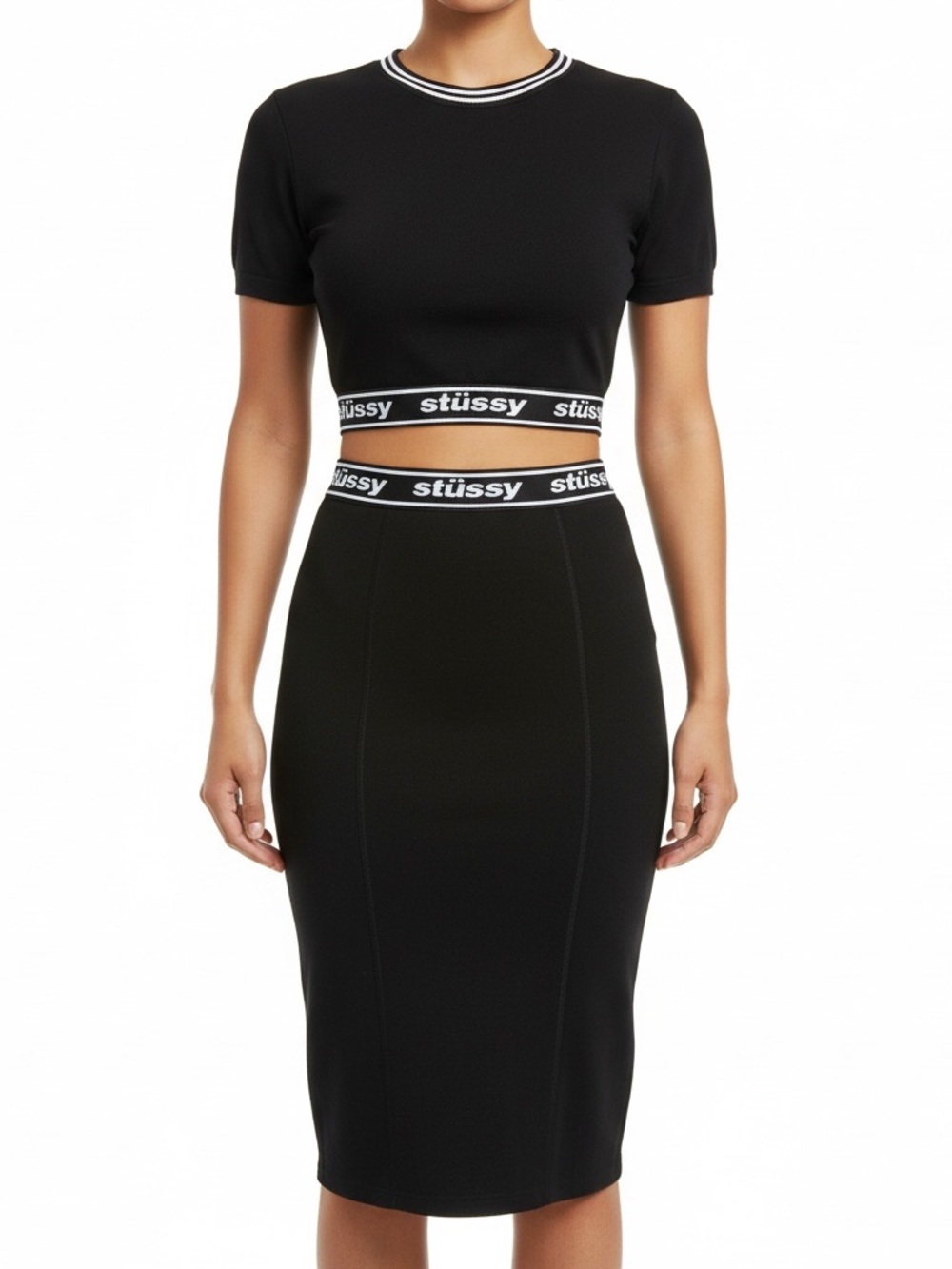 Stussy Black Logo Elastic Pencil Skirt & Crop Top set